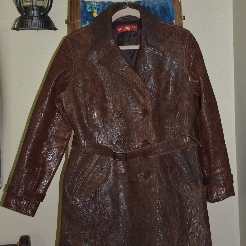 Sundance Brown Tumbled Distressed Leather Peacoat Belted Trench Jacket
